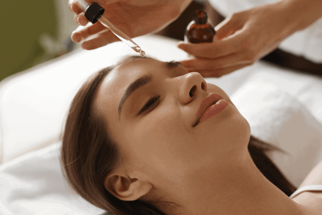 woman getting essential oils on her face