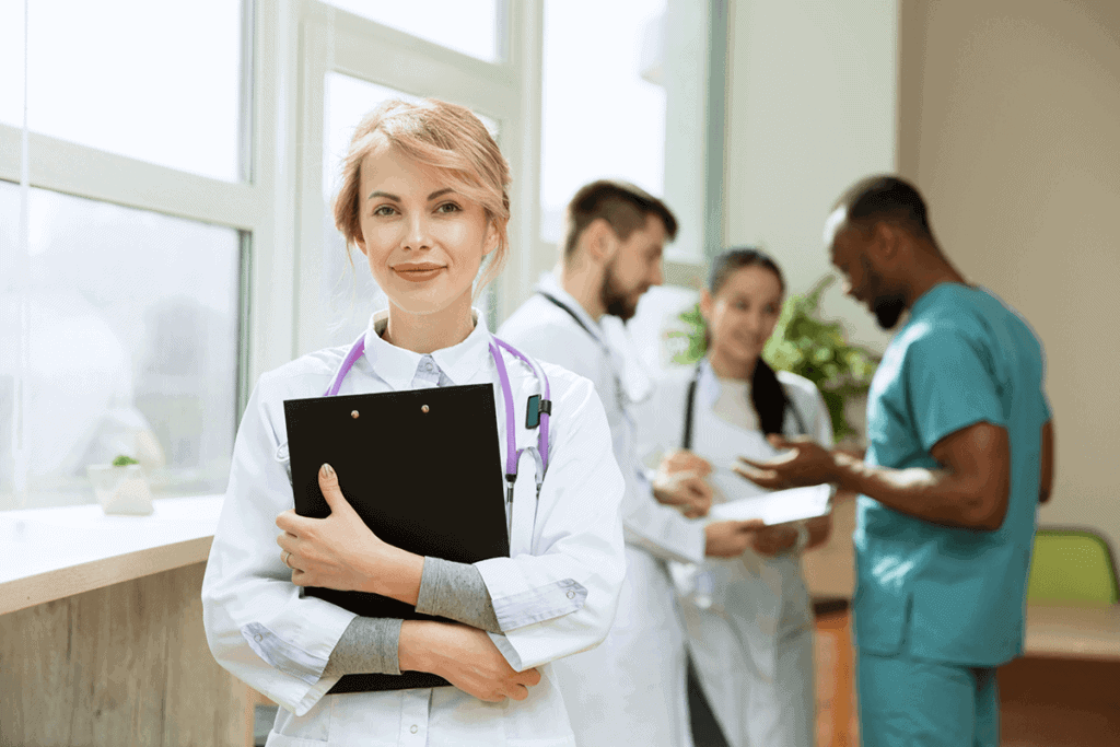 medical doctor with clipboard standing with staff behind her