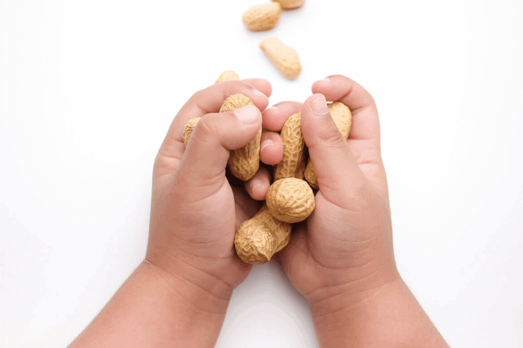 close up of child's hand holding peanuts
