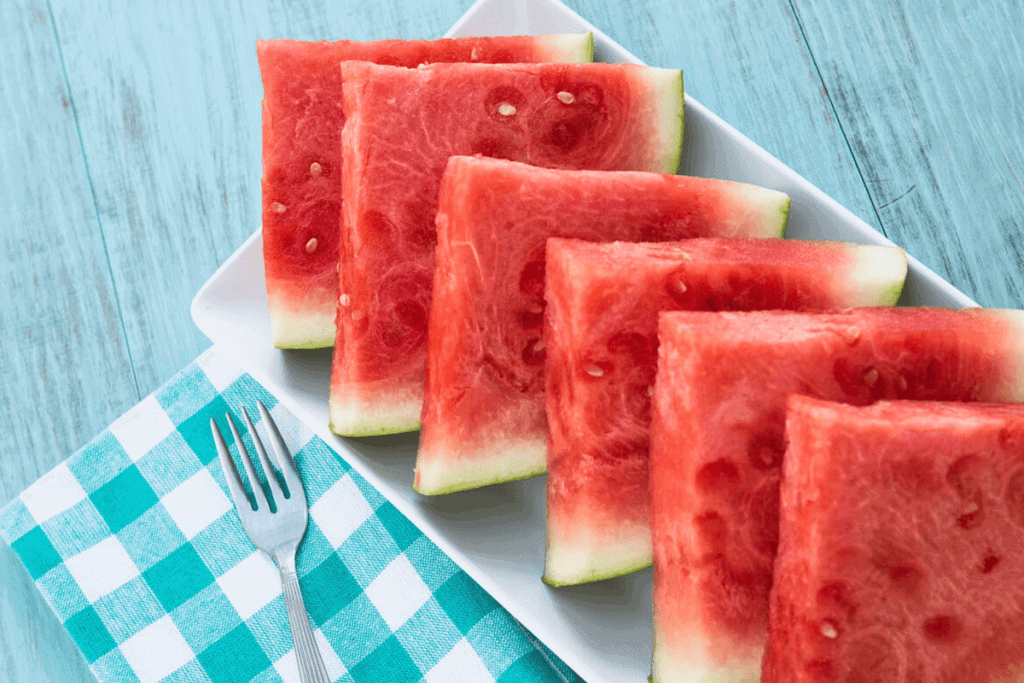 cut up watermelon on table