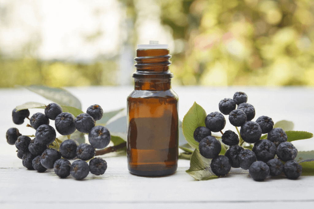 Elderberries next to essential oil bottle