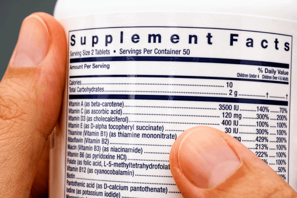 close up of supplement bottle label with nutrient facts