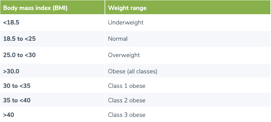 BMI weight range table