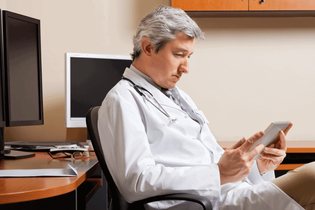 doctor in office at desk looking at iPad/tablet