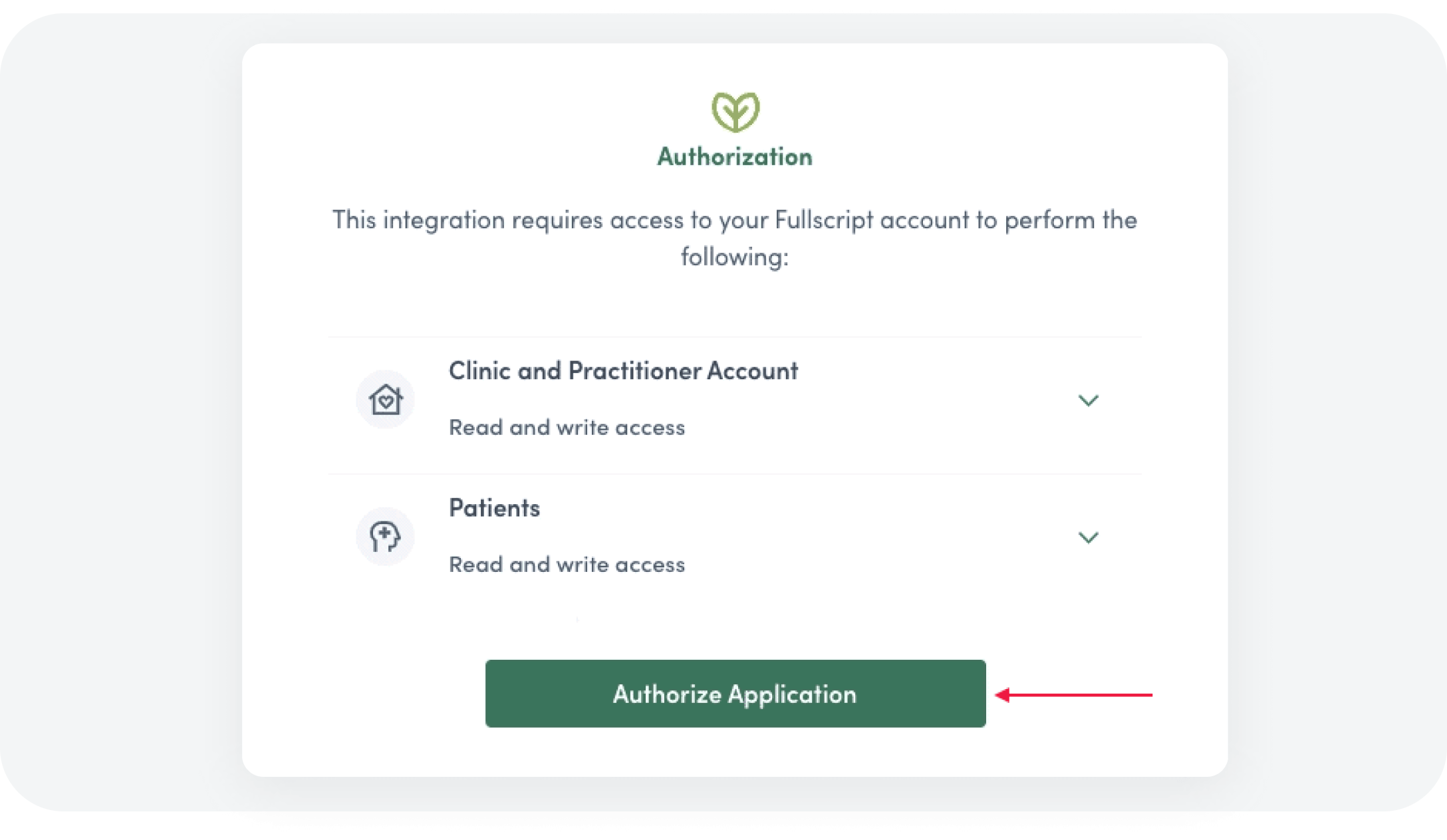 screenshot of a step to authorize the application to complete the account integration