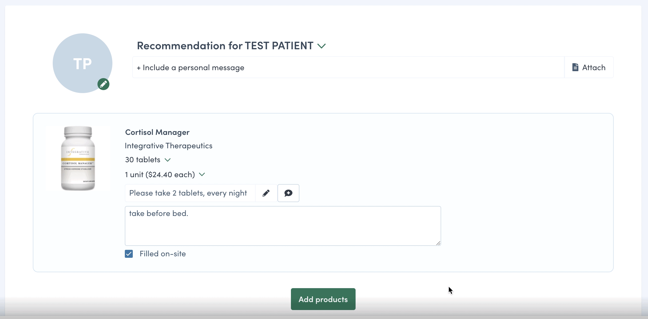 Filled on site check box in Fullscript recommendation view
