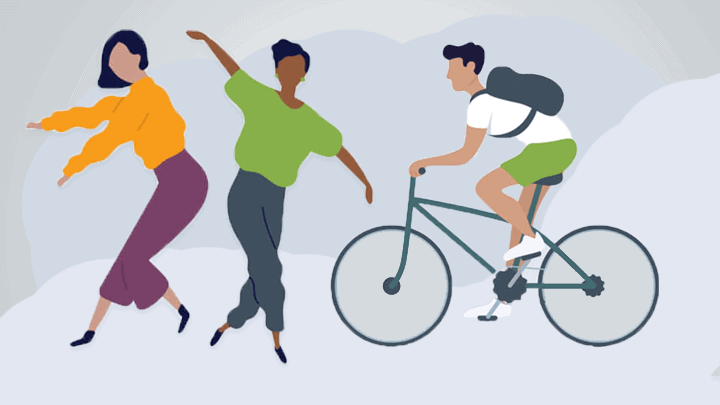 an illustration depicting two females dancing together, while a male is depicted riding a bicycle, representing a scene of men's and women's health