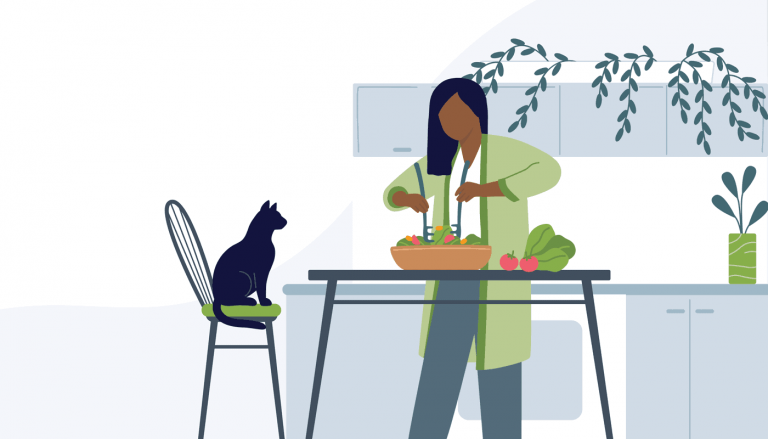 an illustration depicting a female individual mixing salad ingredients, with a cat sitting on a nearby chair