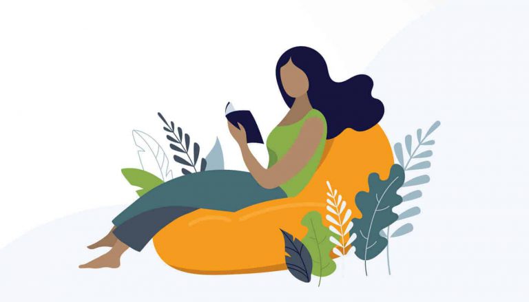 an illustration depicting a female engrossed in reading a book, with visual cues symbolizing mental health