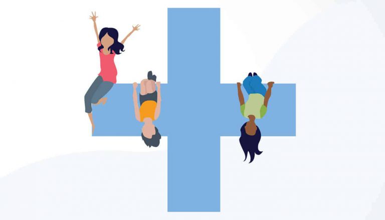 an illustration depicting multiple kids sitting and hanging on a cross, symbolizing pediatrics and showcasing a playful and inclusive representation of children's healthcare