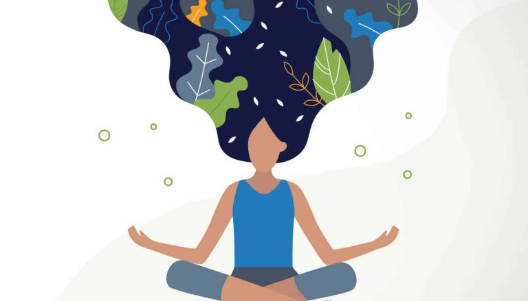 an illustration depicting a female engaged in a yoga practice, promoting stress awareness