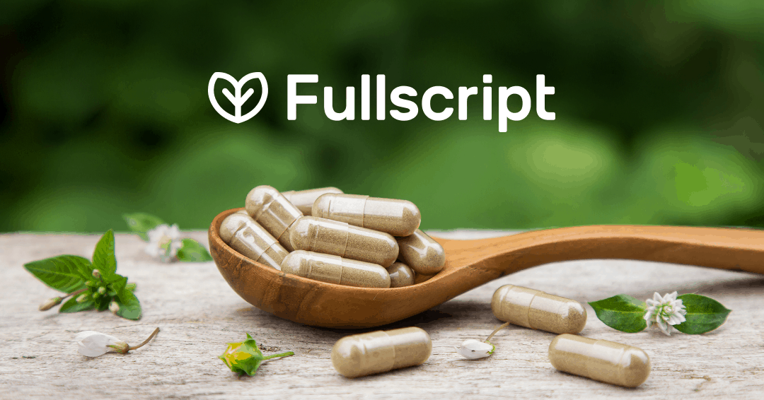 Fullscript logo above a wooden spoon with supplements in it