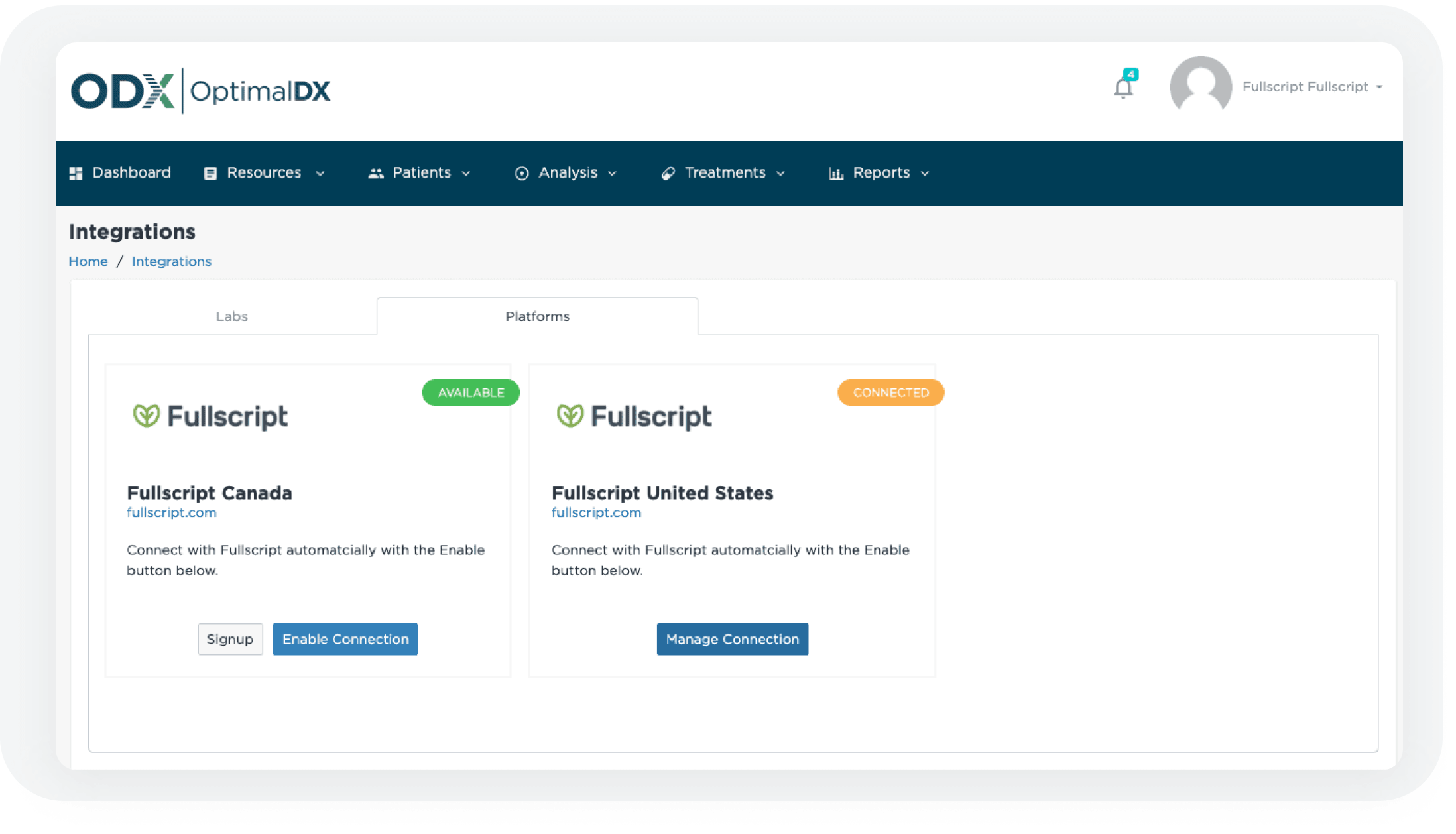 integrations partner screenshot of both the US and Canada Fullscript integrations in Optimal DX platform