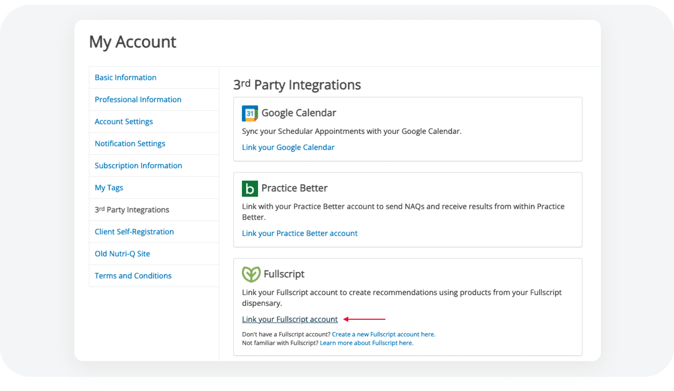 integrations partner screenshot of Nutri-Q platform 3rd party integrations settings