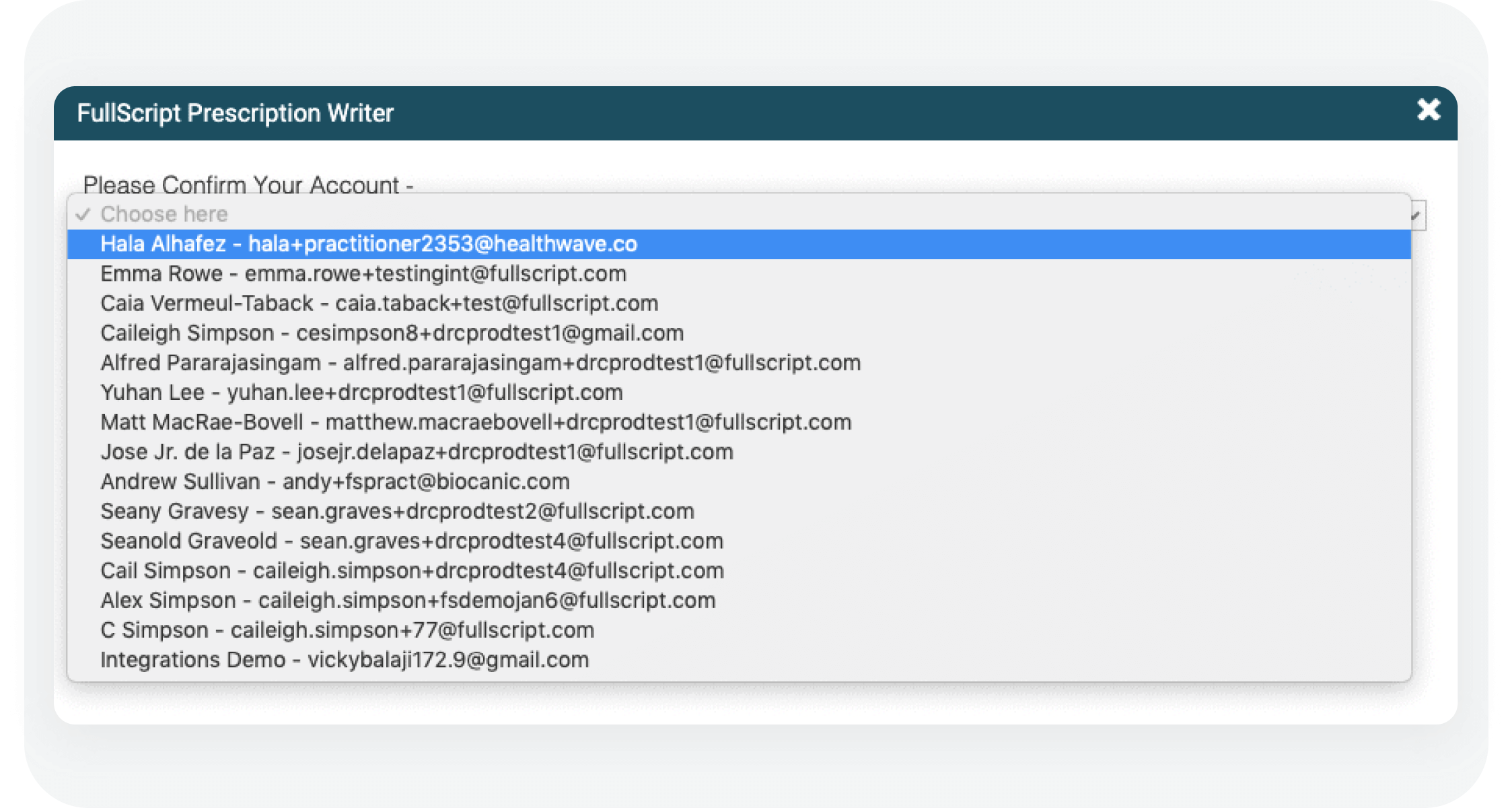integrations partner screenshot of user accounts list in the Patient list’s “Actions” menu