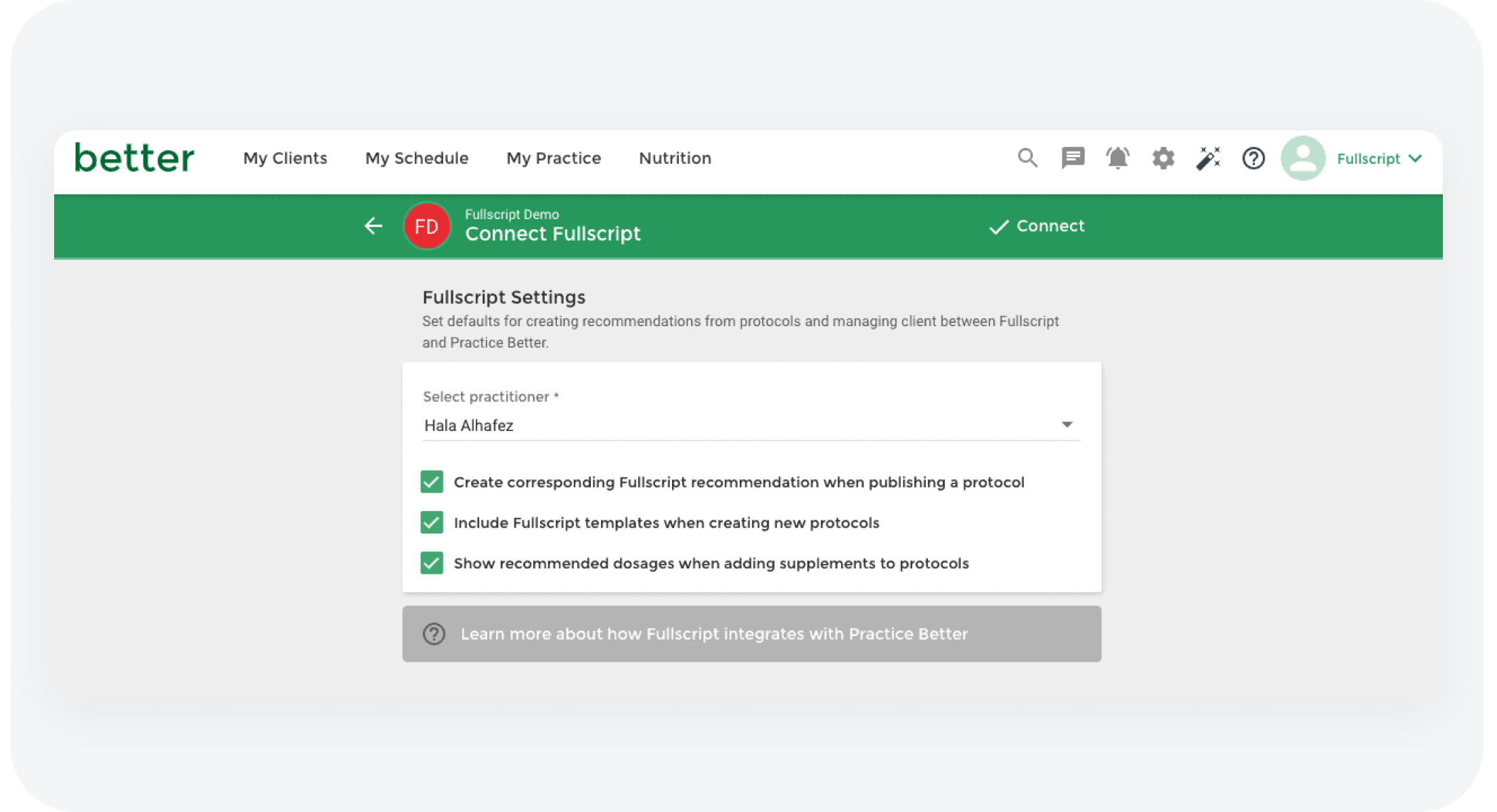integrations partner screenshot of “Select Practitioner” drop-down menu in Practice Better Platform