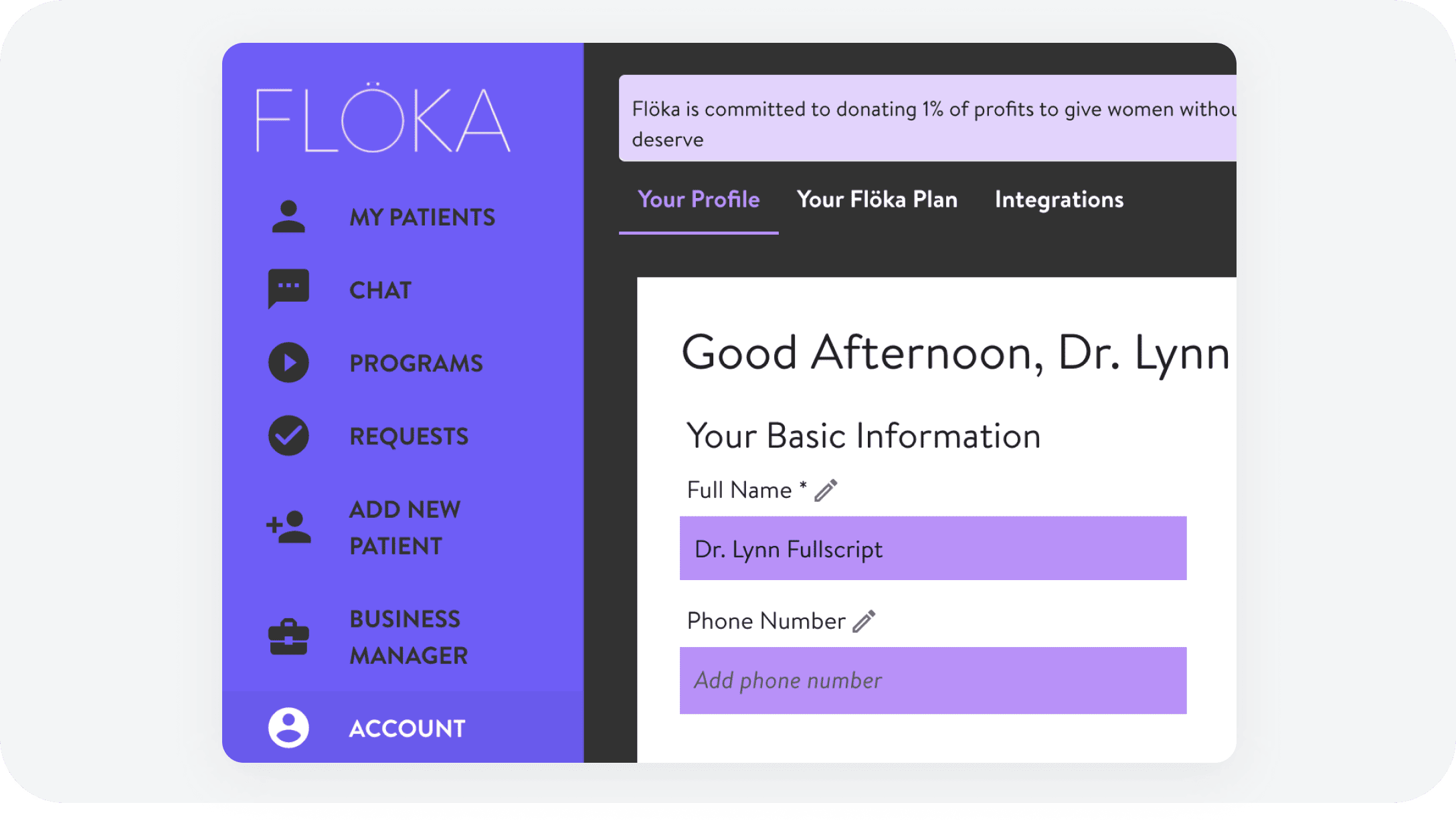 integrations partner screenshot of Flöka practitioner portal