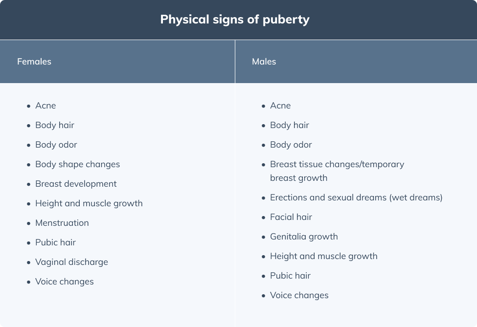 stages of puberty physical signs of puberty chart