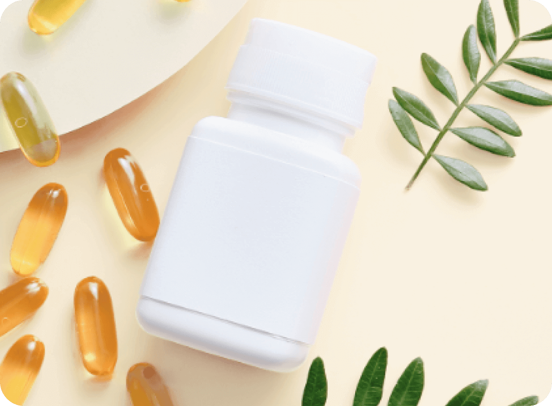Supplement quality bottle of fish oil capsules lying on surface